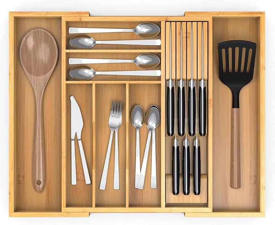 Nexxuss Bamboo Kitchen Drawer Organizer, Expandable Utensil Organizer with Removable Knife Block,... | Amazon (US)