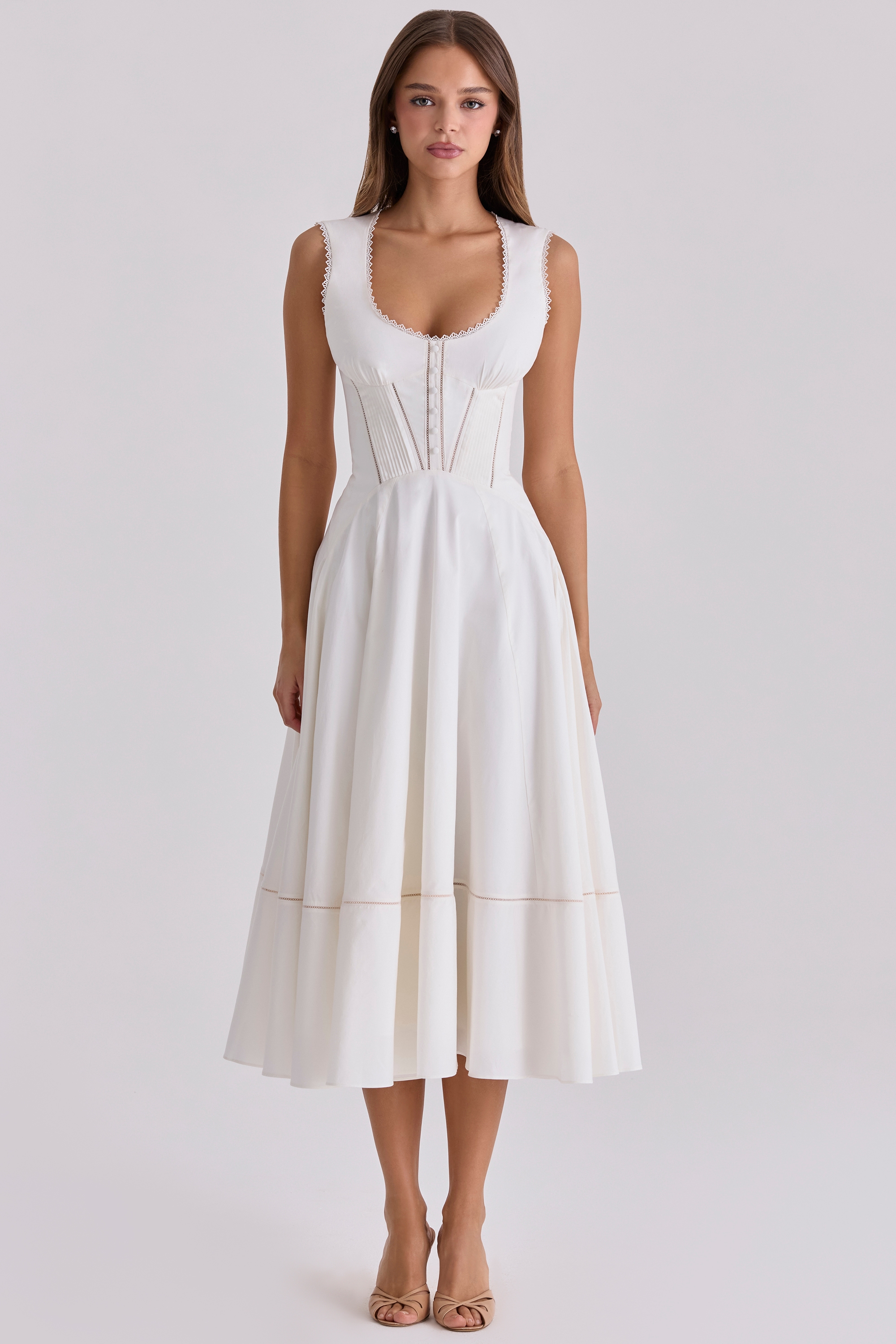 white cotton waist cinch midi sundress | House of CB
