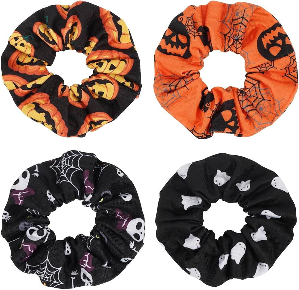 4pcs Halloween Hair Scrunchies Elastics Hair Ties Pumpkin Ghost Skeleton Spider Web Bats Hair Acc... | Amazon (US)