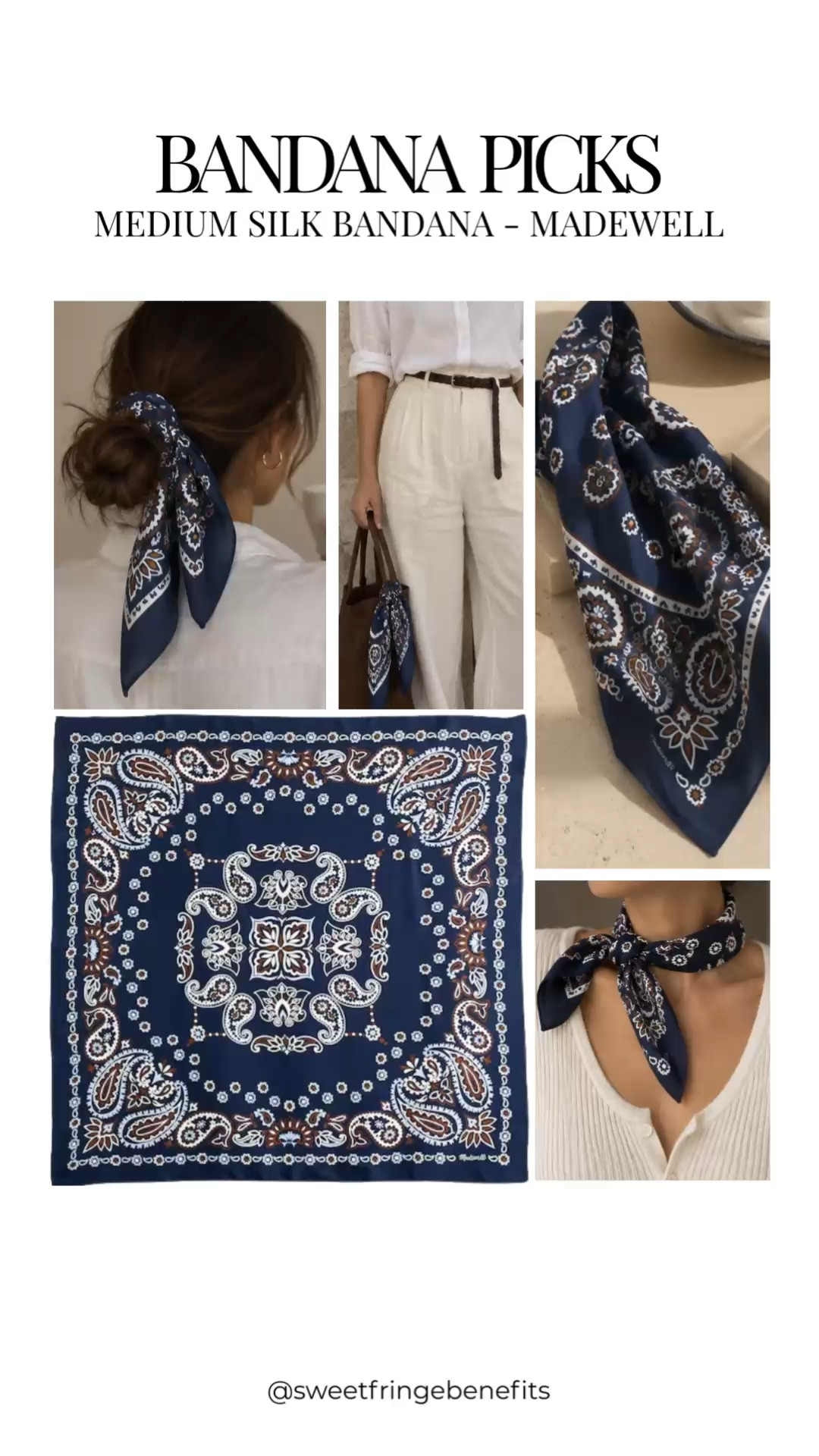 A bandana is one of those little things that can change an outfit without making you rethink the whole outfit. I especially like this navy paisley one tied at the neck, but it’s just as pretty in your hair or on a bag.

#LTKOver40 #LTKWorkwear #LTKTravel
