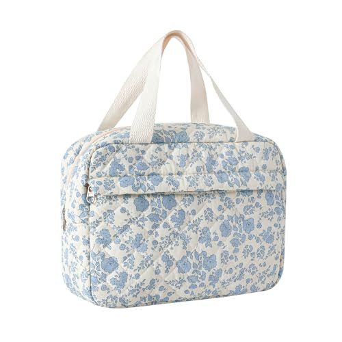 Large Size Quilted Coquette Makeup Bag, Cute Preppy Floral Cotton Travel Cosmetic Organizer Bag with Top Handle, Multi-Layer Travel Toiletry Pouch (01Lightblue Flower) | Amazon (US)