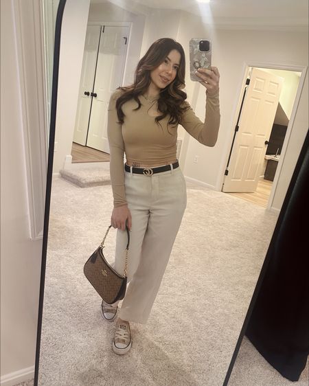 Couldn’t get the exact links for the top & sneakers but I linked similar ones, and sneakers that also look so cute with the outfit! 👟 

These are my fav pants from Aritzia, i just replaced the belt! You can dress them up or down 🫶🏼