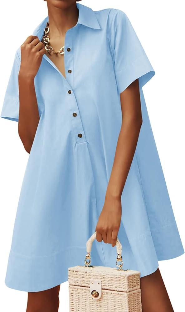 Wenrine Womens Oversized Shirt Button Mini Dress Short Sleeve Casual Collared V Neck Summer Flowy... | Amazon (US)