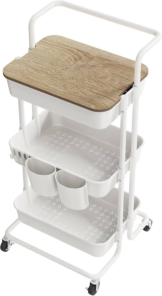 DTK 3 Tier Rolling Utility Cart with Cover Top Board, Movable Kitchen Storage Cart Trolley with L... | Amazon (US)