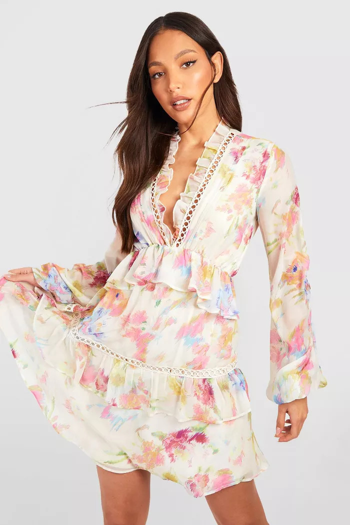 Tall Blurred Floral Tiered Ruffle Crochet Smock Dress | boohoo (US & Canada)