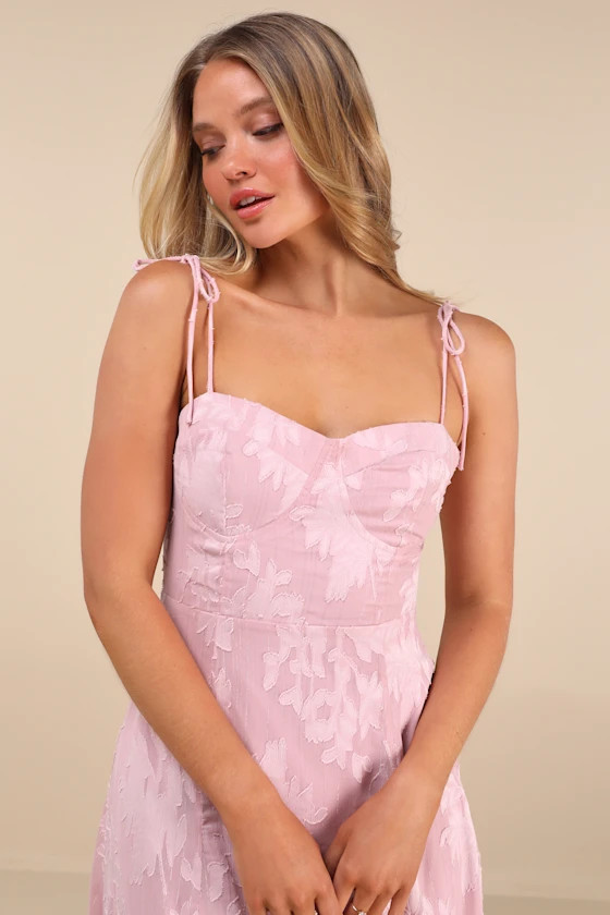 Loveliest Looks Blush Pink Floral Jacquard Tie-Strap Midi Dress | Lulus