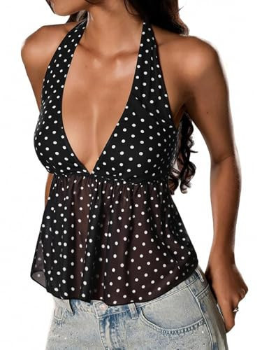 Women's Polka Dot Halter Top Backless Y2k Crop Peplum Going Out Tops Black | Amazon (US)