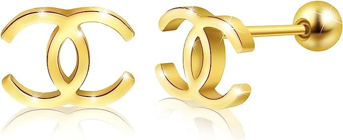 Initial Stud Earrings for Women Stainless Steel Minimalist Gold Initial Earrings Hypoallergenic A... | Amazon (US)