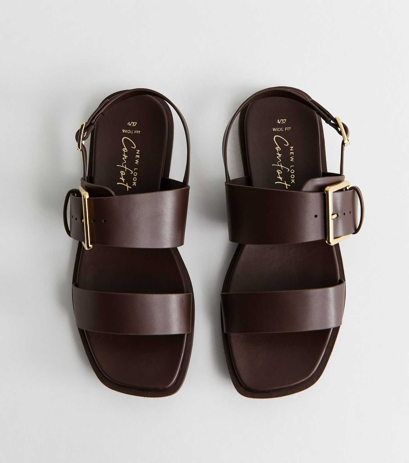 Wide Fit Brown Faux Leather Flat Slingback Sandals | New Look | New Look (UK)