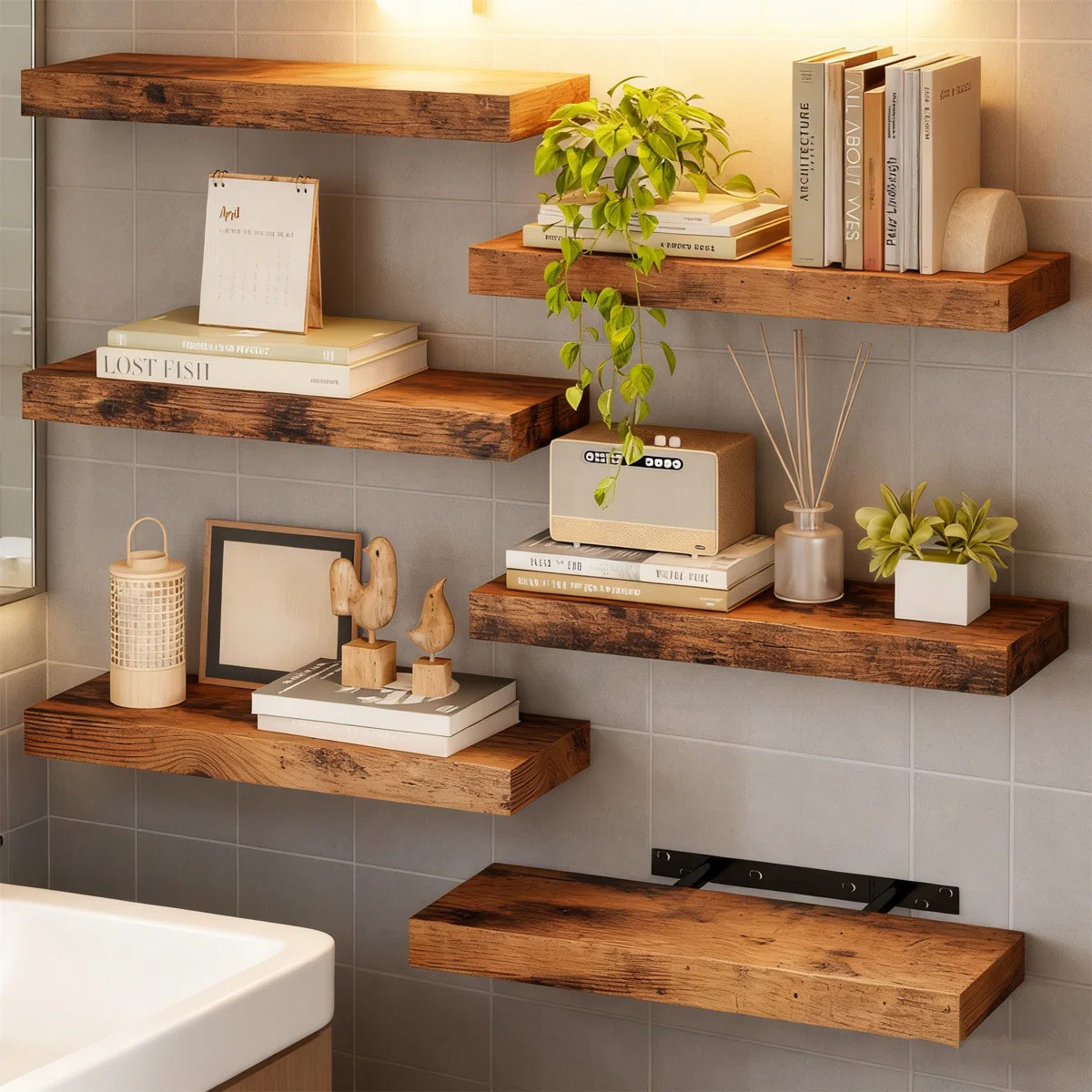 6 Pack 15.8 Inch Floating Shelves Set, Wood Grain MDF Wall Mounted Shelves With Hidden Brackets, ... | Wayfair North America
