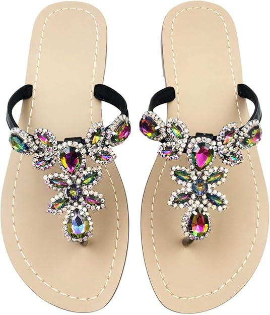 Hinyyrin Available in 13 Colors,Rhinestone Sandals,Women's Flat Sandals,Flip Flop,Jeweled Sandals | Amazon (US)