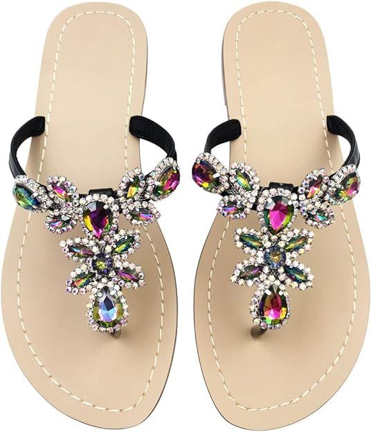 Hinyyrin Available in 13 Colors,Rhinestone Sandals,Women's Flat Sandals,Flip Flop,Jeweled Sandals | Amazon (US)
