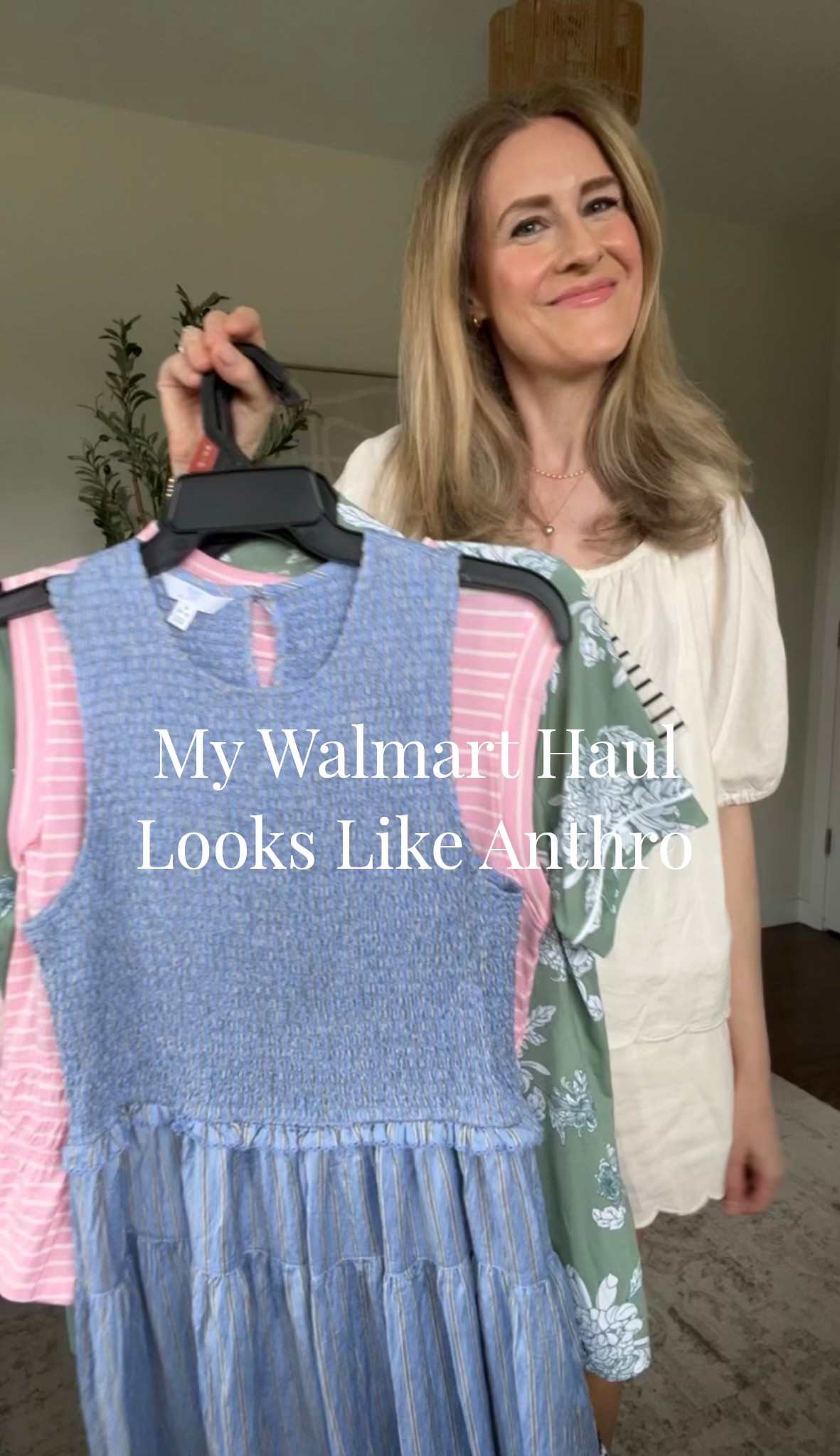 Walmart finds that could pass for Anthropologie! A pretty scallop detail blouse and shorts set, smocked sleeveless midi dress, long denim shorts, butter yellow peasant blouse, notch collar pajamas and more. Fit is true to size although I went up to medium in the dresses and the soft shorts this time and prefer the fit. #walmartfashion