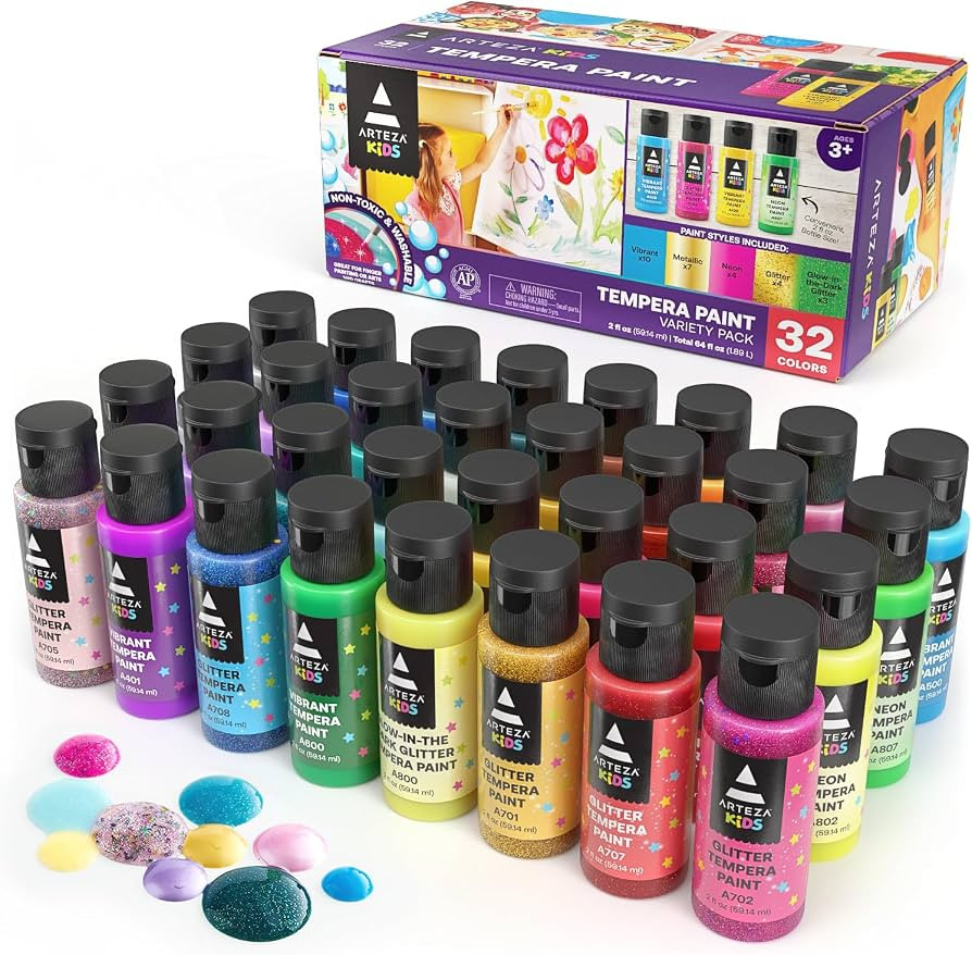 Amazon.com: ARTEZA 32 Tempera Paint, 2.03oz/60ml Bottles, Washable Tempera Paint for Kids, Includ... | Amazon (US)