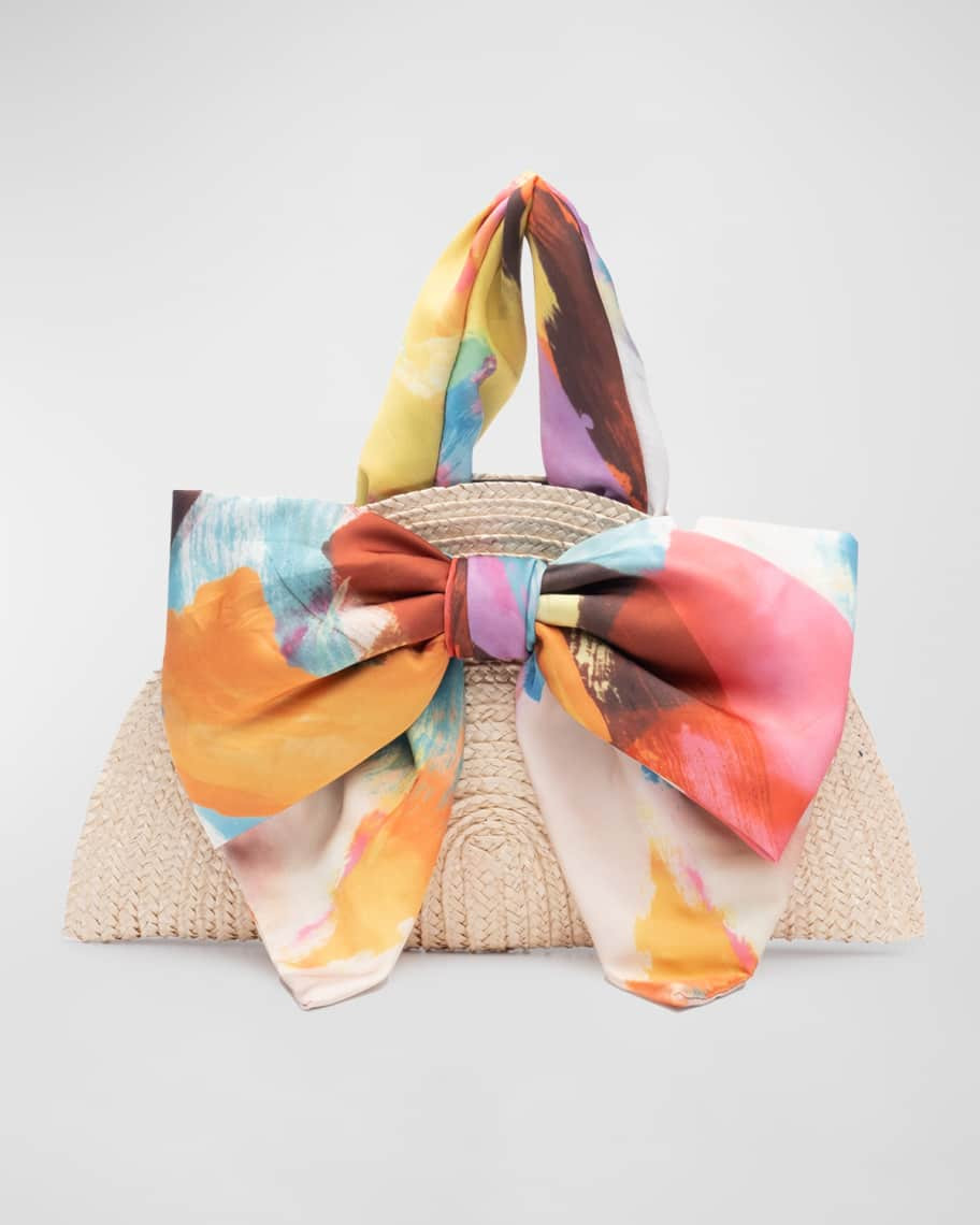 Eugenia Kim Luna Bow Brushstroke-Print Straw Clutch Bag | Neiman Marcus