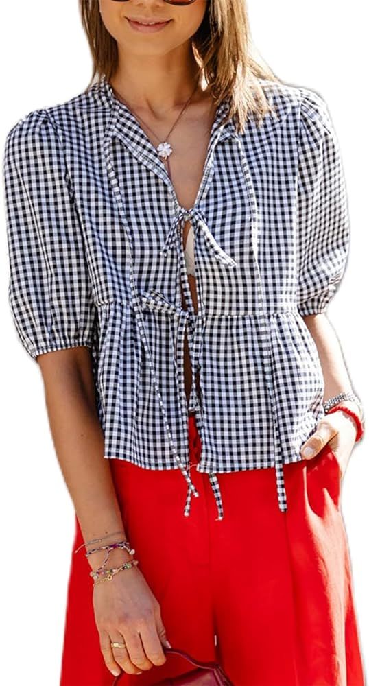 Tie Open Front Peplum Blouse for Women Y2k Puff Short Sleeve Ruffle Hem Tops Cute Teen Girl Lace ... | Amazon (US)