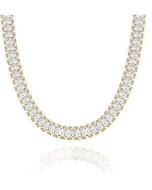 KissYan Diamond Tennis Necklace for Women, 14K/White Gold Plated Cubic Zirconia Baguette Tennis C... | Amazon (US)
