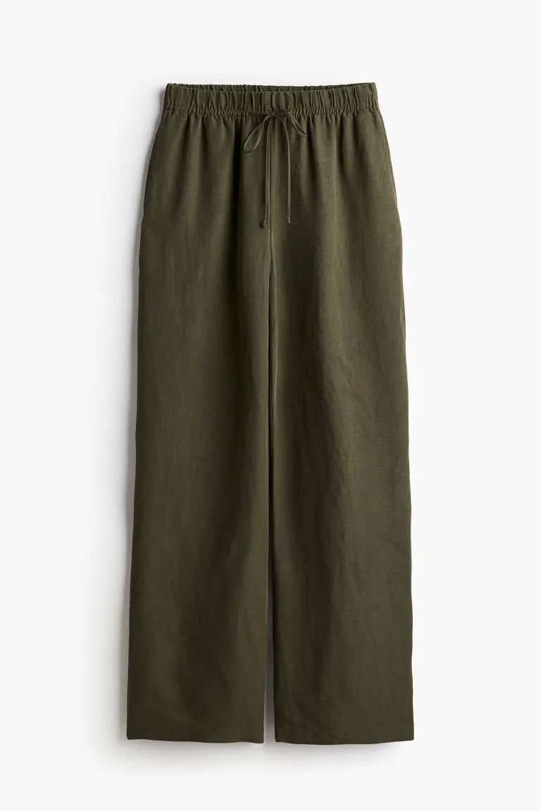 Linen-blend pull-on trousers - High waist - Long - Dark khaki green - Ladies | H&M GB | H&M (UK, MY, IN, SG, PH, TW, HK)