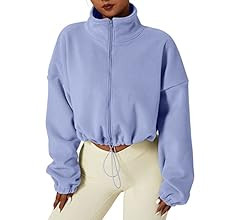 QINSEN Women's Full Zip Fleece Short Jacket Warm Winter Long Sleeve Stand Collar Sherpa Crop Coat | Amazon (US)