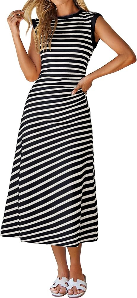 Glamaker Women Summer Tshirt Midi Dress Soft A Line Cap Sleeve Casual Sun Dress for Work Beach Va... | Amazon (US)