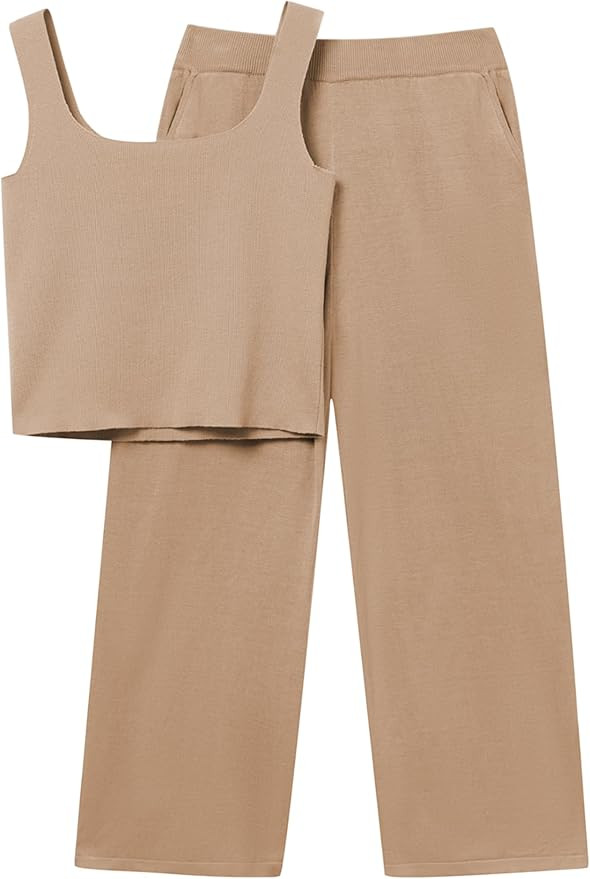 Womens Two Piece Outfits Sweater Sets Sleeveless Knit Tank Crop Tops and Wide Leg Pants Lounge Se... | Amazon (US)