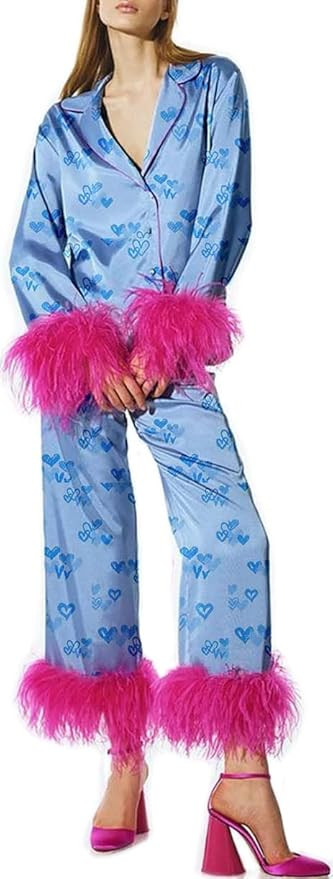 Women's Satin Silk Pajamas Sexy Feather Trim Long Sleeve Button Up Pjs Shirt Sleep Pajama Pants 2... | Amazon (US)