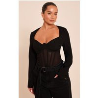 Shape Black Mesh Long Sleeve Corset Bodysuit | PrettyLittleThing US