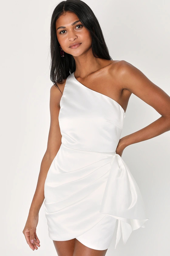 All About Her White Satin One-Shoulder Bow Mini Dress | Lulus