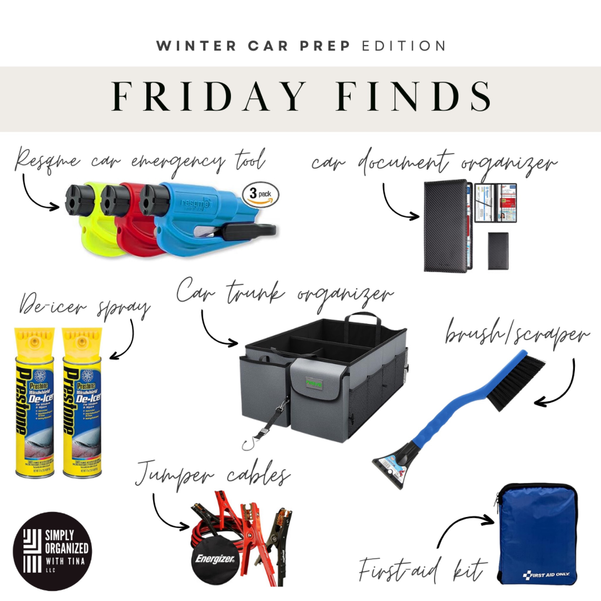 We are gearing up for winter weather this weekend and it's a perfect time to make sure we have all the essentials in our car to keep us safe in any situation. These are key items for any car and would also make a great gift for new drivers in your family. Our must-have car safety items include:

Resqme emergency car escape tool- 2-in-1 emergency tool breaks glass and cuts seat belts; comes in a pack of three to attach to keychain or visor 
First-aid kit- compact and easy accessible kit that contains all of the essential items including bandaids, cold packs, and wound closures
Ice scraper/brush- combination brush and scraper; essential especially if weather moves in while out
Jumper cables- jump start a weak or dead battery; stores easily in zipped bag
De-icer spray- melts ice fast and helps reduce dangerous refreeze
Car organizer - keep all car essentials in one place that keeps them safe while driving and easy to find
Document organizer - holds all important documents in one place including car insurance car and registration

#LTKSeasonal #LTKtravel