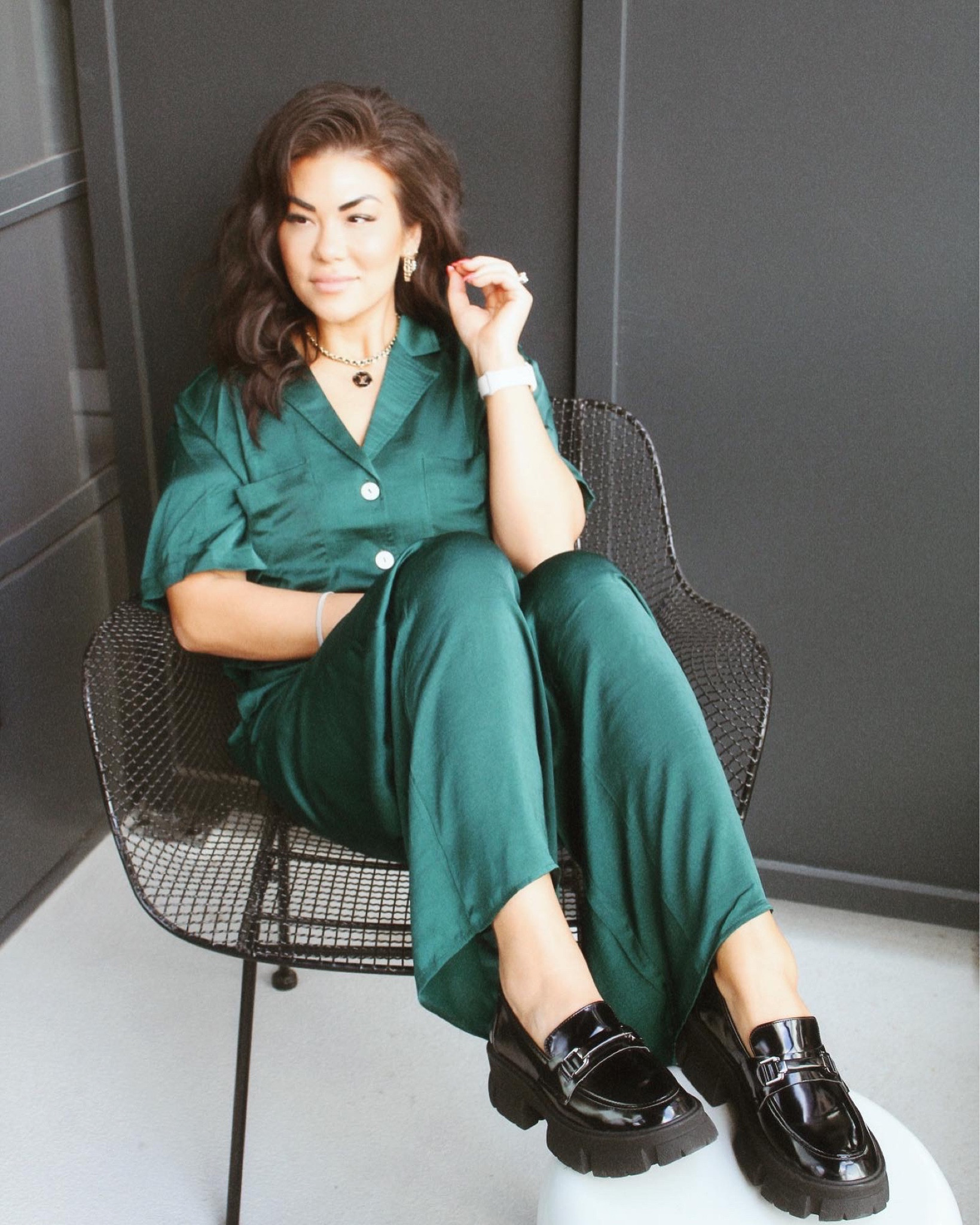 bohme code: POLLOCK15 / fall ootd / wide leg pants / emerald monochromatic outfit / loafers / trendy fall / gold jewelry / black sunglasses / upcycled LV purse / upcycled designer jewelry 

#LTKstyletip #LTKshoecrush #LTKSeasonal