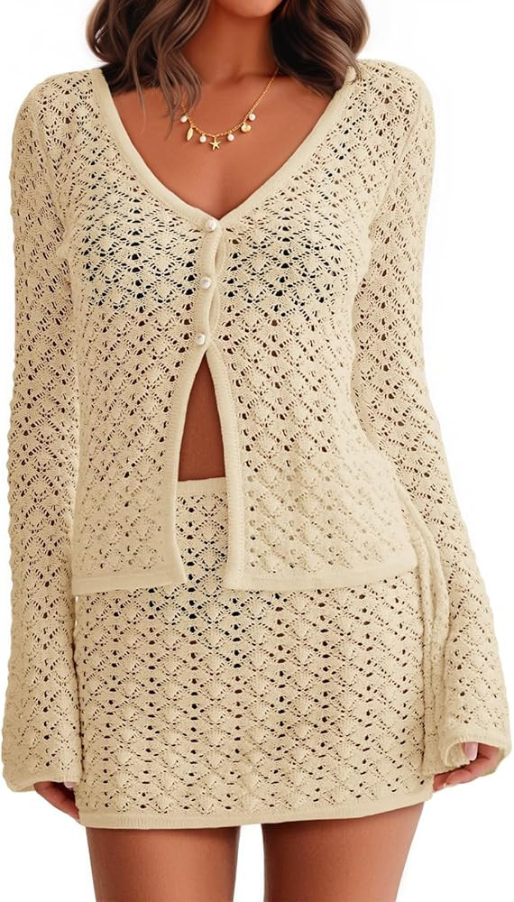 Fisoew Womens Crochet 2 Piece Cover Up V Neck Bell Sleeve Button Cardigan Sheer Mesh Beach Mini S... | Amazon (US)