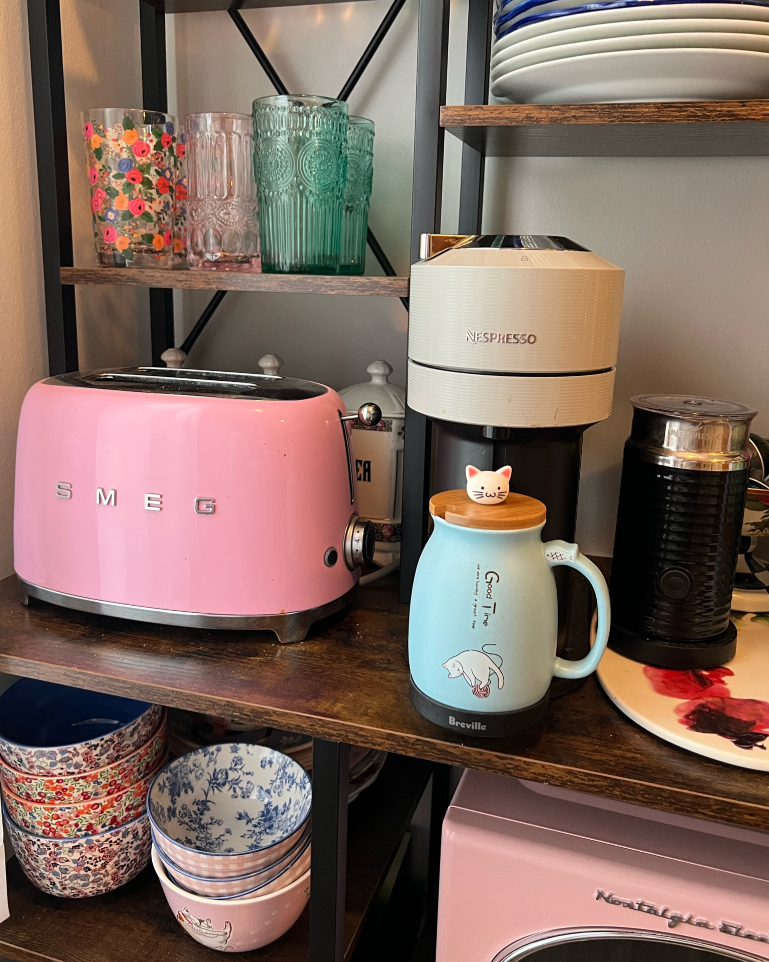 Nespresso Vertuo with milk frother, pink SMEG toaster, retro toaster, blue embossed water glasses, vintage inspired glassware, cute coffee mug, cat coffee mug with lid 

#LTKhome