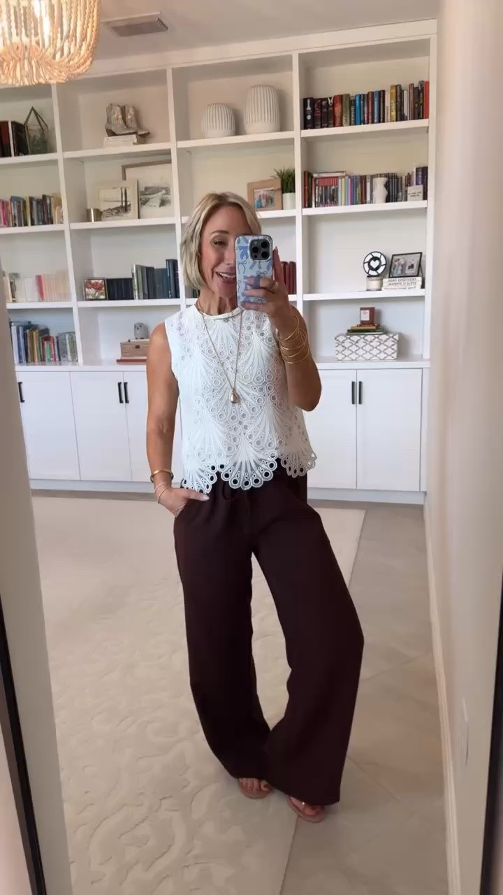 Amazon - warm fall tops. Lace Sleeveless Embroidered Blouse - size XS. 3 colors. * Wide Leg Wrinkle Resistant Crepe Pants - size Small (regular). 10 colors.

#LTKSeasonal #LTKOver40 #LTKWorkwear