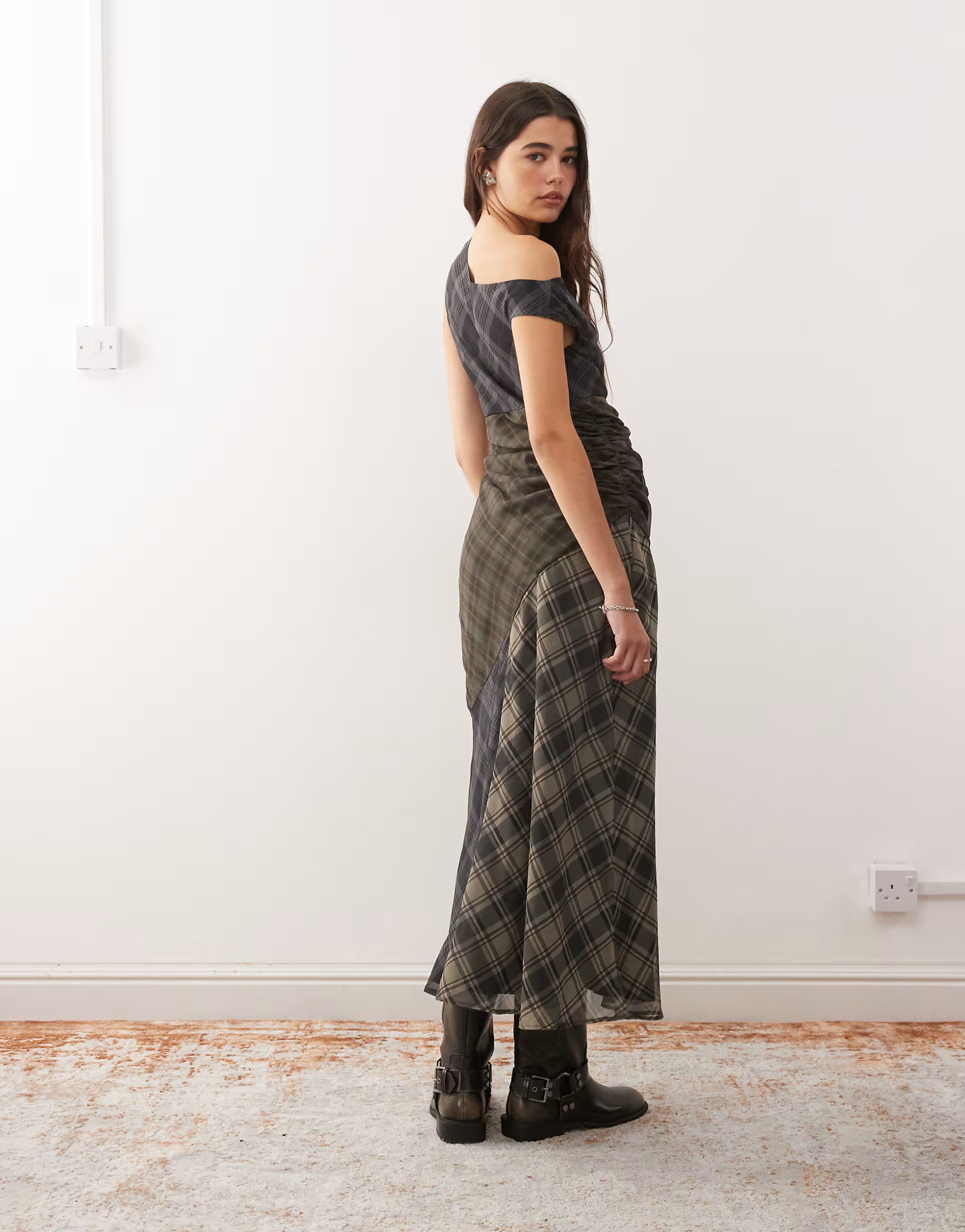 Reclaimed Vintage off the shoulder midi dress with side split in spliced blue and green plaid | A... | ASOS (Global)
