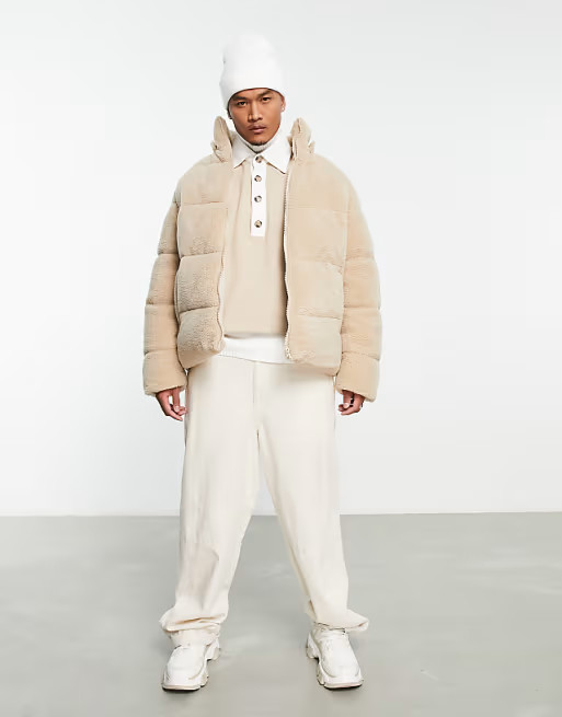 ASOS DESIGN borg puffer jacket with removable hood in ecru | ASOS (Global)