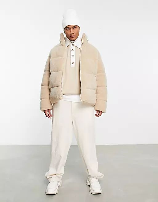 ASOS DESIGN borg puffer jacket with removable hood in ecru | ASOS (Global)