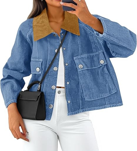 Cicy Bell Womens Cropped Denim Jacket Trendy Corduroy Collar Button Down Casual Barn Jacket for W... | Amazon (US)