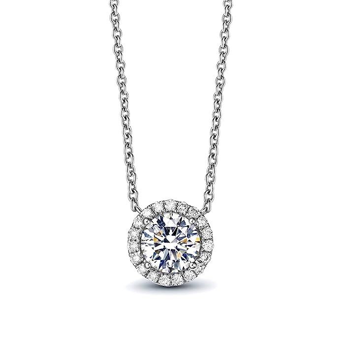 AllenCOCO White Gold Plated 1 Carat Brilliant Cut Simulated Diamond CZ Round Halo Pendant Necklace | Amazon (US)