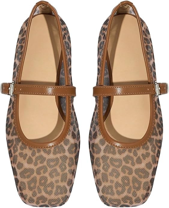 Milumia Women's Leopard Print Mesh Bellet Flats Mary Jane Square Closed Toe Flat Shoes | Amazon (US)