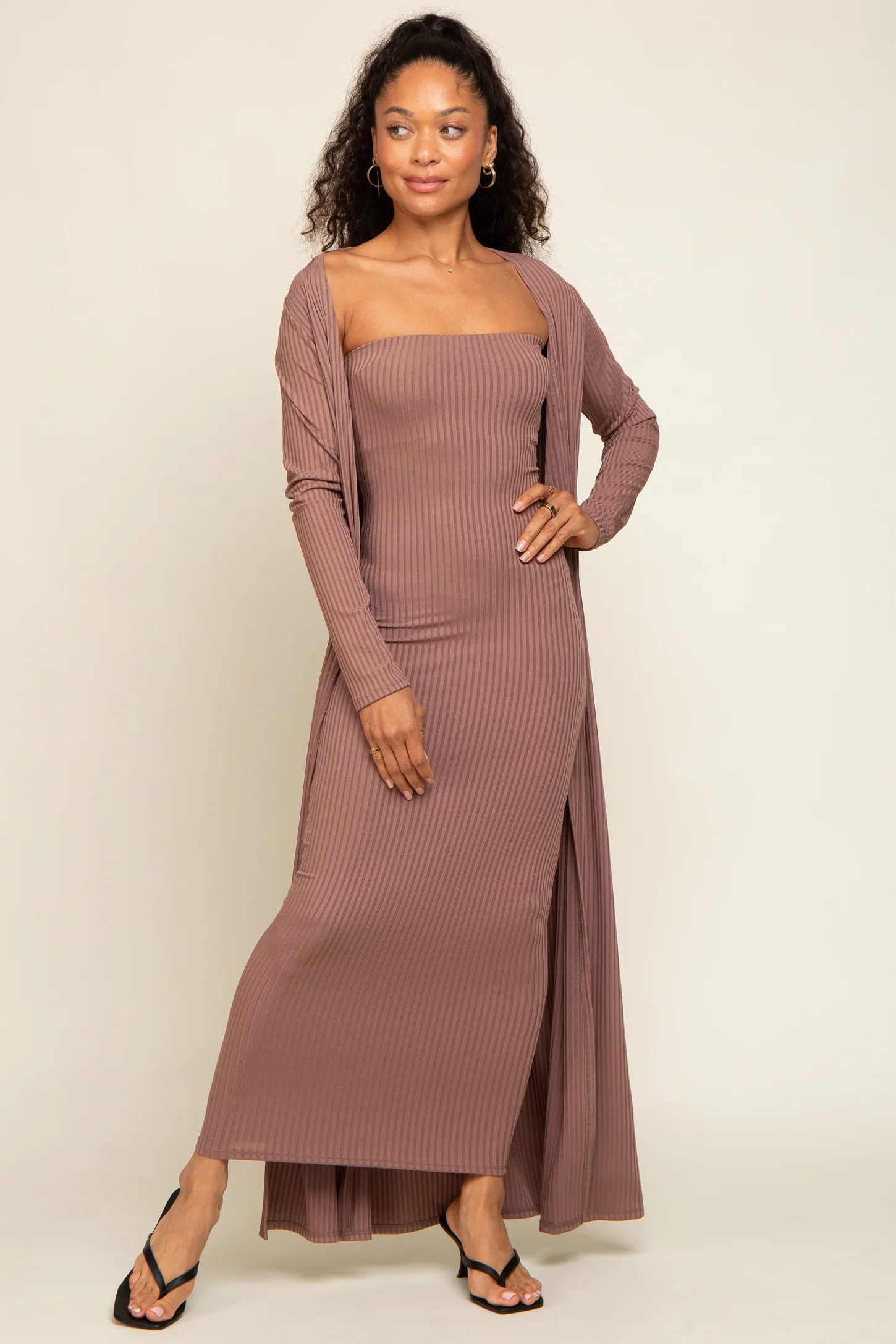 Mocha Ribbed Sleeveless Dress Cardigan Set | PinkBlush Maternity