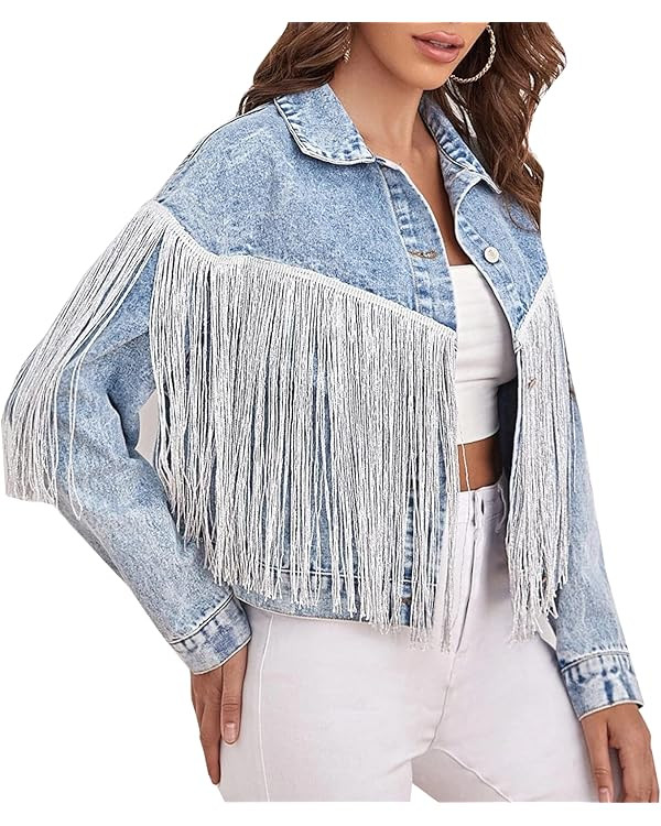 CYLADY Women Fringe Jean Jacket Boyfriend Long Sleeve Oversized Western Cowgirl Denim Fringe Jack... | Amazon (US)
