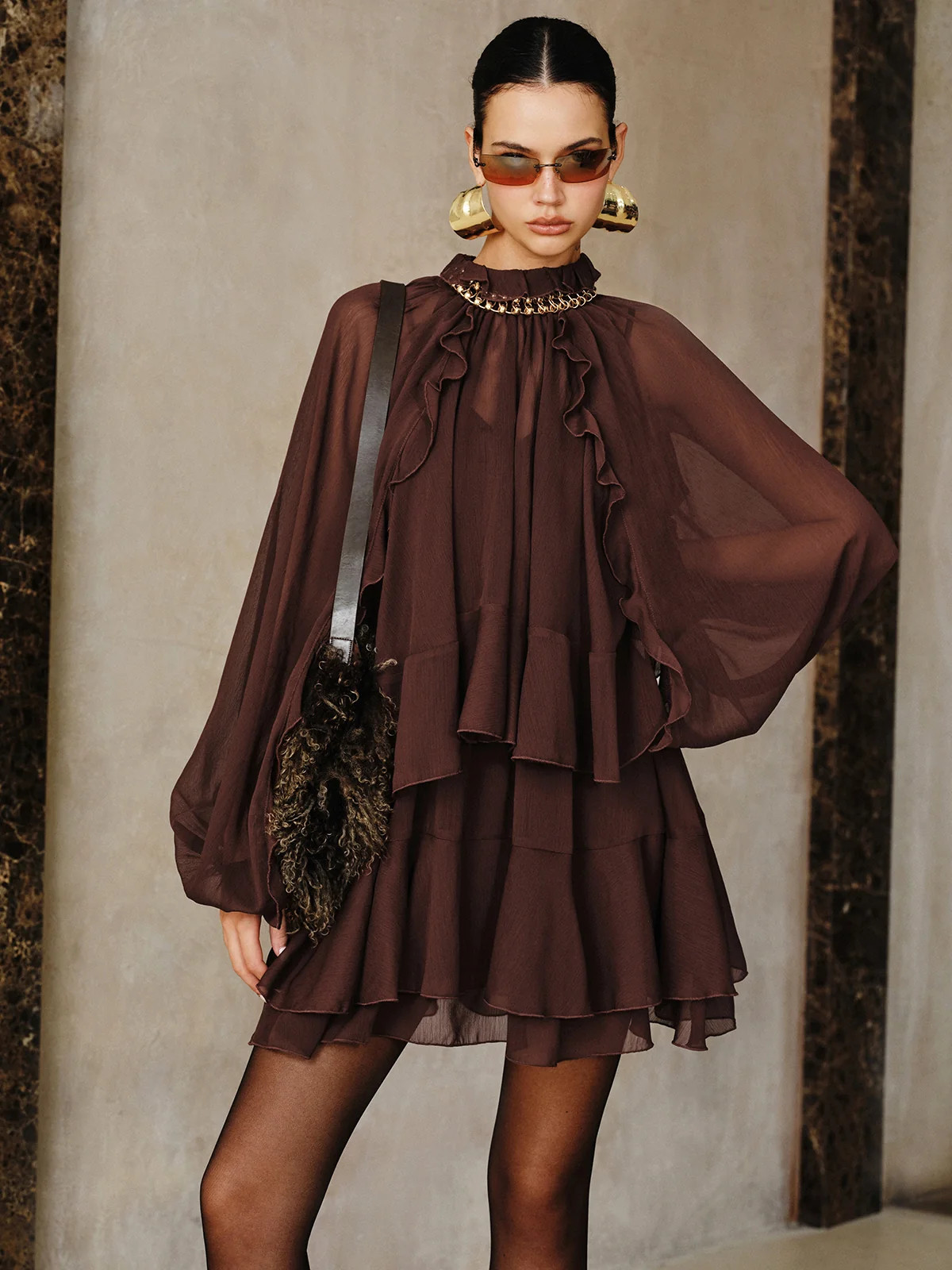 Tiered Ruffle Chiffon Mini Dress Set with Liner | Commense