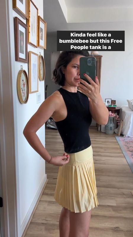 Free people black high neck top XS
Pleated skirt XS
Sticky bra size A (I’m a 32b)

minimal style, parisian style, aesthetic outfits, summer outfits, style inspo, Washington DC, dc influencer, French girl style, European style, over 30, petite, tennis skirt, pickle ball, pickleball, yellow skirt, black tank 

#LTKVideo #LTKFindsUnder50 #LTKFindsUnder100