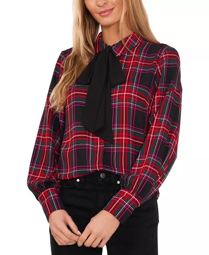 Women's Long-Sleeve Plaid Button-Up Bow-Tie Blouse | Macys (US)