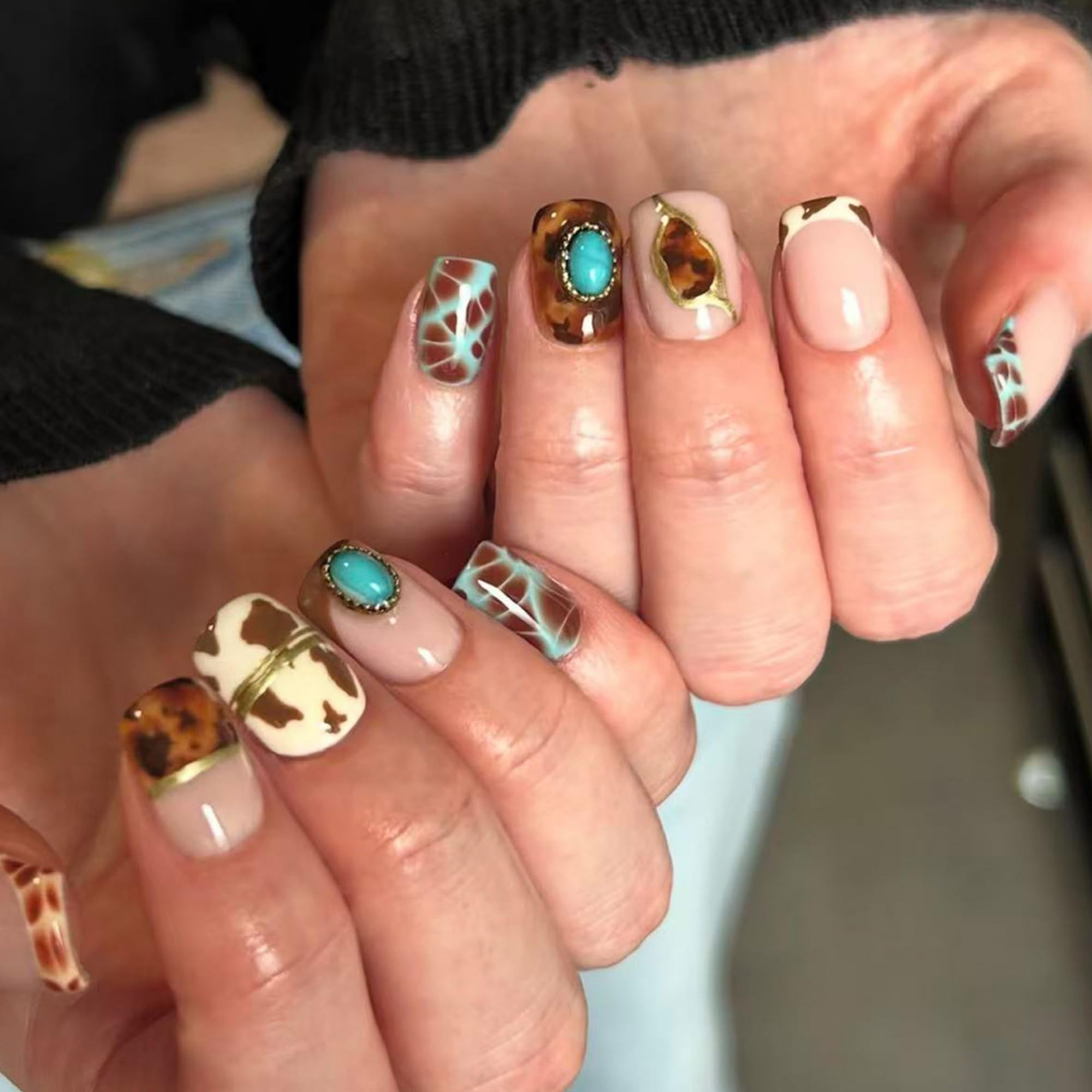 Short Square Press on Nails Western Cow Print Tortoise Shell False Nails with Turquoise Rhineston... | Amazon (US)