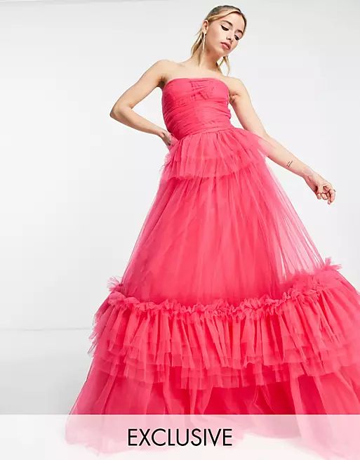 Lace & Beads exclusive bandeau tiered tulle maxi dress in pink | ASOS (Global)