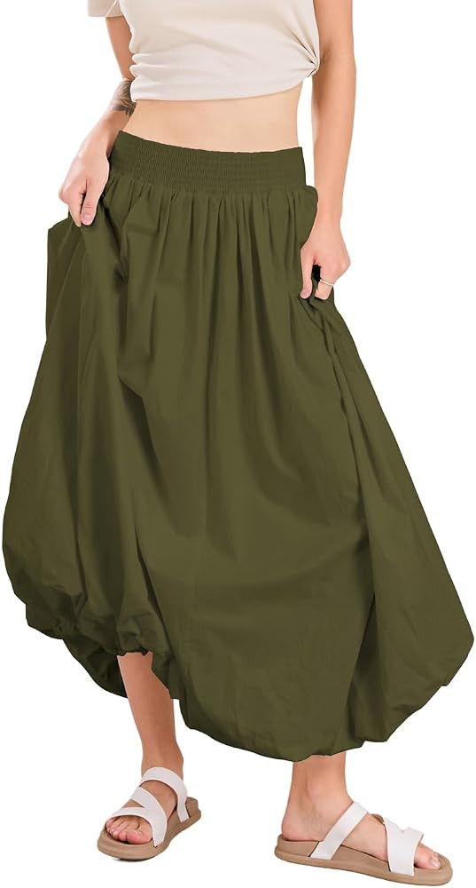 chouyatou Women's Summer Y2k Bubble Maxi Long Skirt Puffy Ruffle High Waist A-Line Smocked Skirt | Amazon (US)