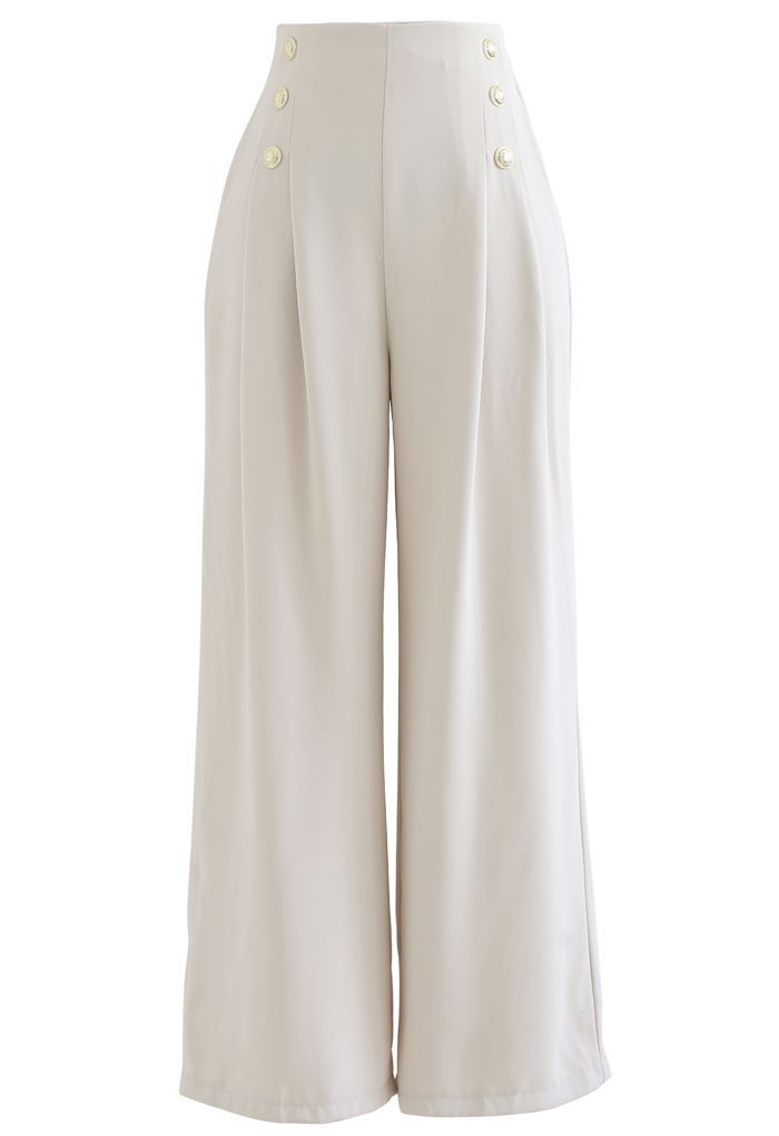 Golden Button Decorated Pleated Pants in Ivory | Chicwish