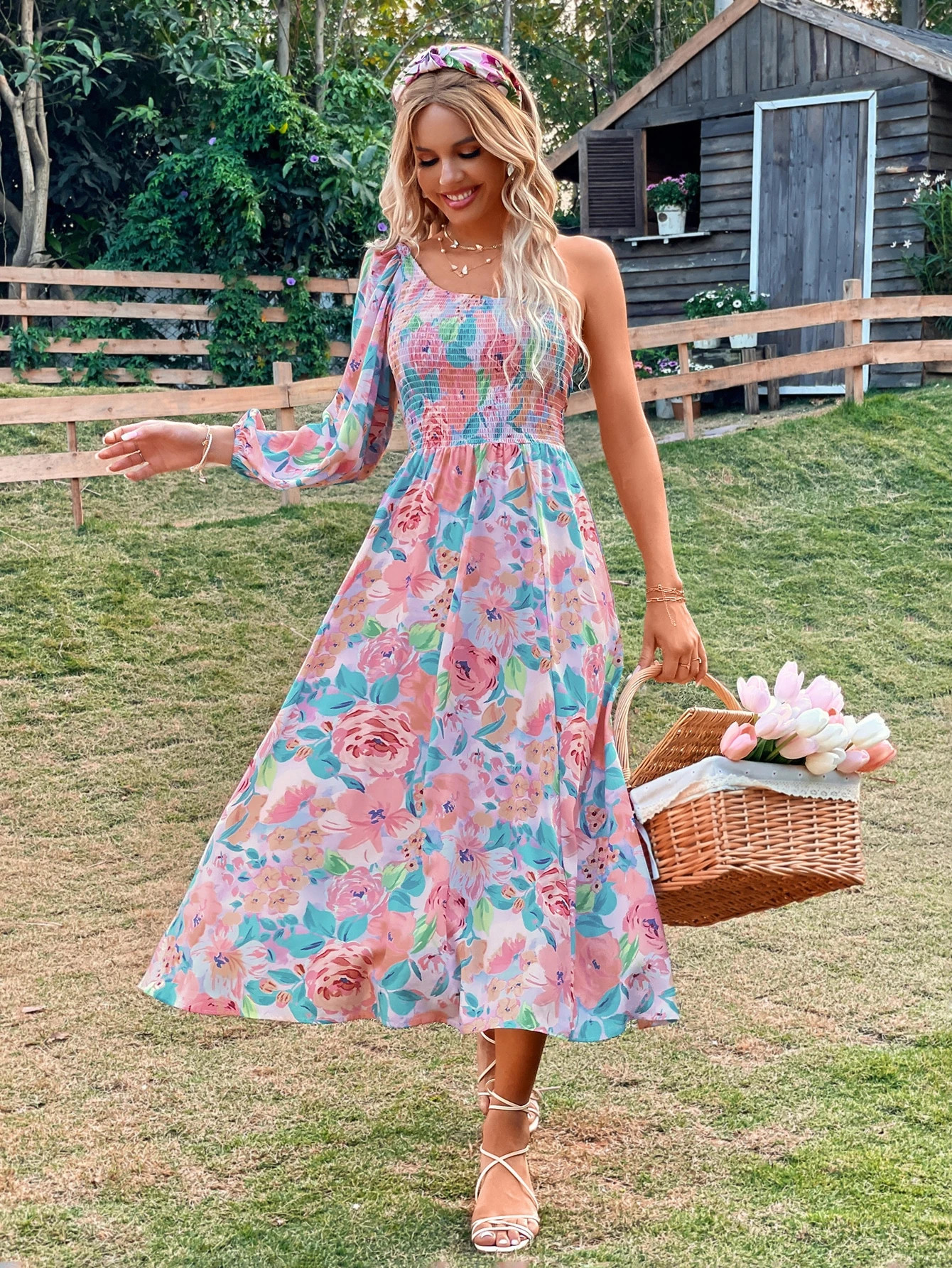 Random Allover Floral Print Shirred One Shoulder Lantern Sleeve Dress | SHEIN