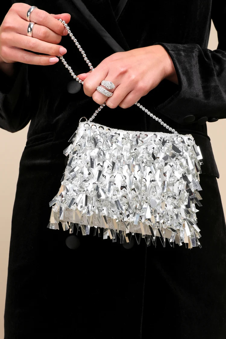 Party Professional Shiny Silver Beaded Fringe Handbag | Lulus (US)